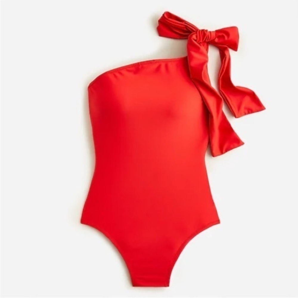 J.Crew Red One Shoulder Bow Swimsuit Size 8 Bright Cerise One Piece Bathing Suit - Picture 5 of 5